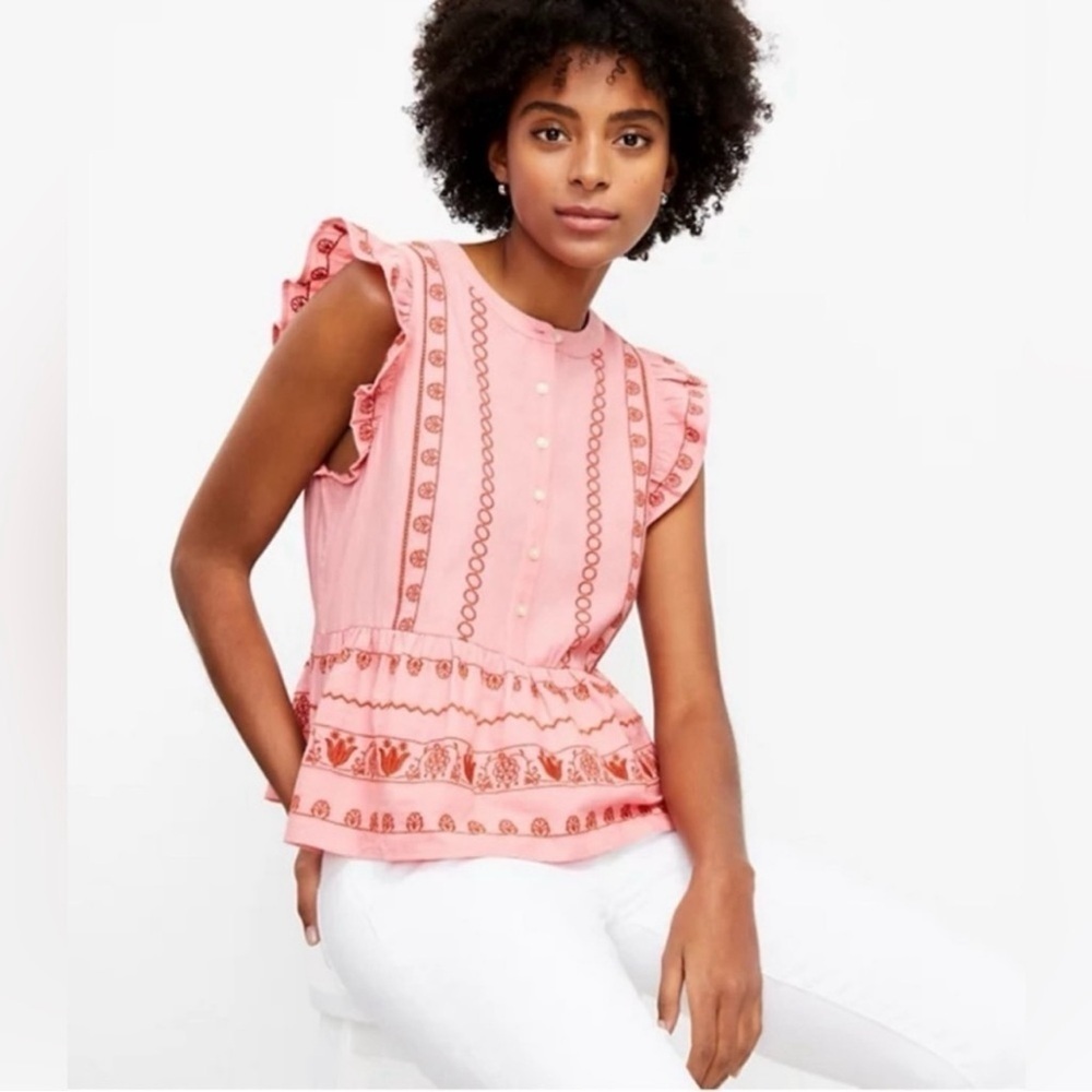 LOFT NWT Floral Embroidery Henley Peplum Shell Top in Strawberry Slush Size S